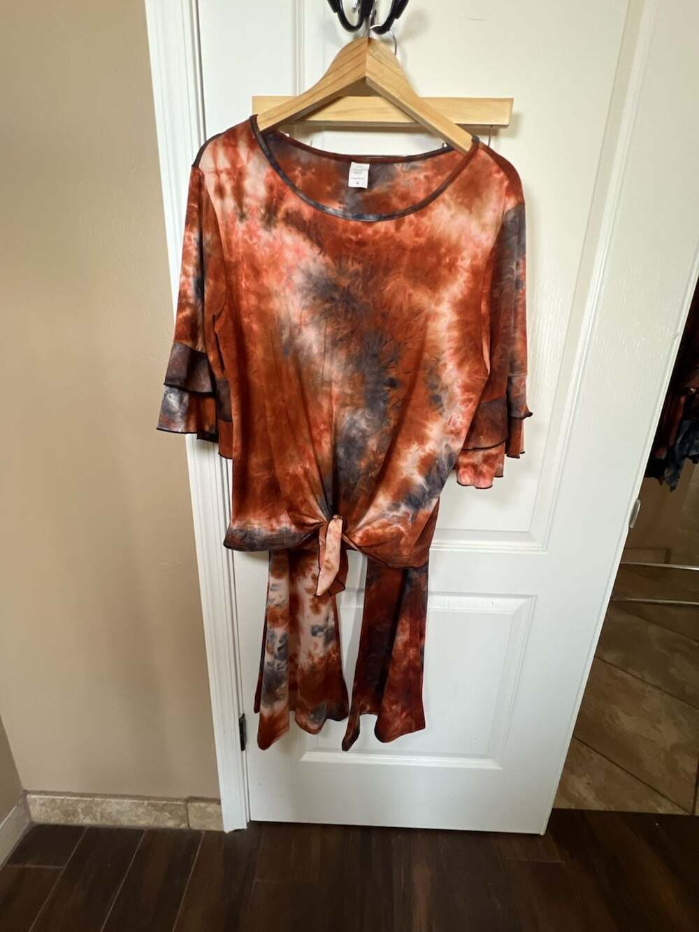 Bellaberry Tie Dye 2PC Set Ruffle Sleeve Tie Front Top and Flare Leg Pants